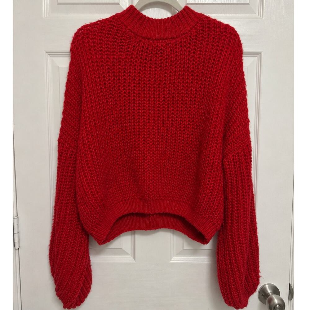 Simplee Red Chunky Knit Oversized Sweater Balloon Sleeve